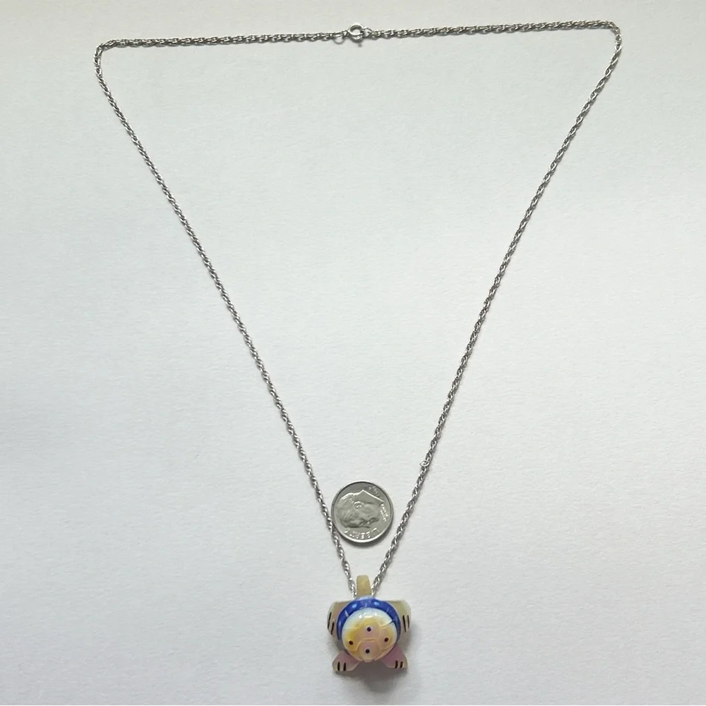 Vintage Southwestern Mother of Pearl Lapis Onyx Turtle Sterling Silver Necklace - Picture 7 of 9